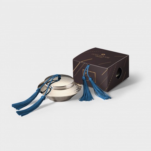 bougie naturelle Bleu Paon avec couvercle de la collection Toupie maillechort