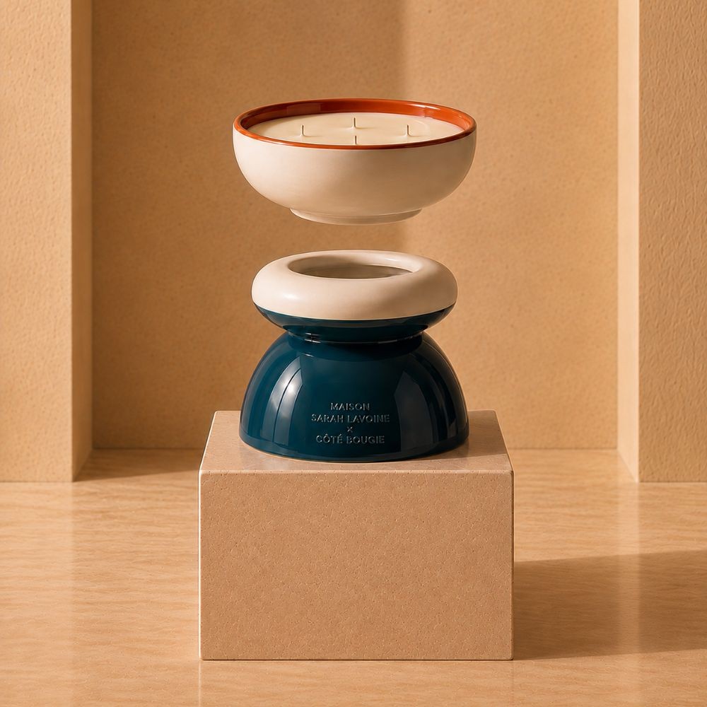 Socle Tamtam Twist Bleu Sarah et bol rechargeable blanc et terracotta